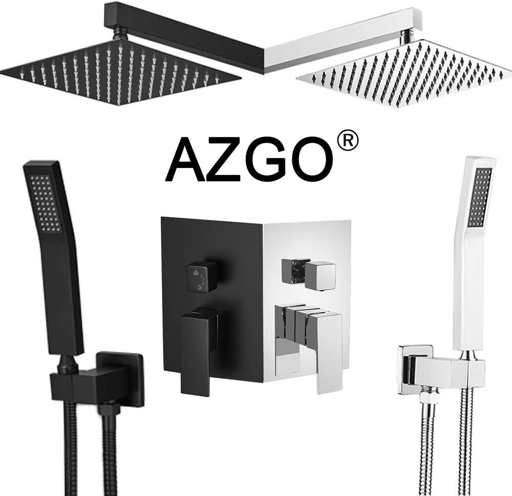 Cheapest 🛒 AZGO Rainfall Shower Systems(10", Matt Black),Rainfall Shower Head System with Handshower,Shower Faucet Rough-in Valve Body and Trim Included