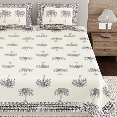 Image of Living Roots Ethnic Jaipur Block Print Double Cotton Bedsheet & 2 Pillow Covers, for Mattress Upto 6 inches Thick, No Colour Bleeding, Dark Maroon Colour, King Size 90 * 108 inches, 120TC (608-A)