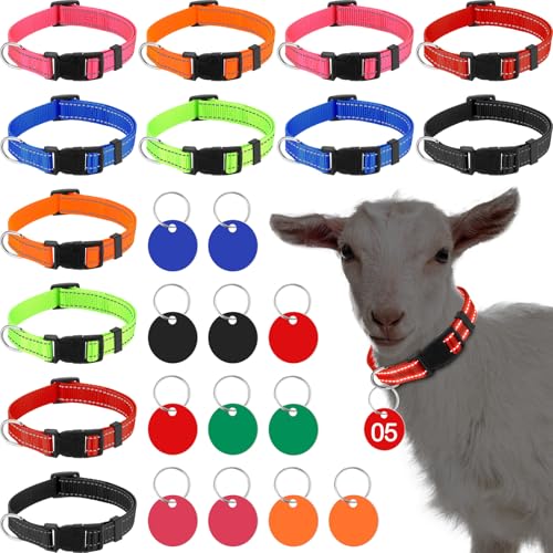 Image of Foilswirl 12 Pack Goat Collars with Number Tag Adjustable Nylon Livestock Collar with No. 01-12 ID Number Tags Sheep Collars Set for Small Livestock Farm Animal Goat Sheep Cow (Reflective)