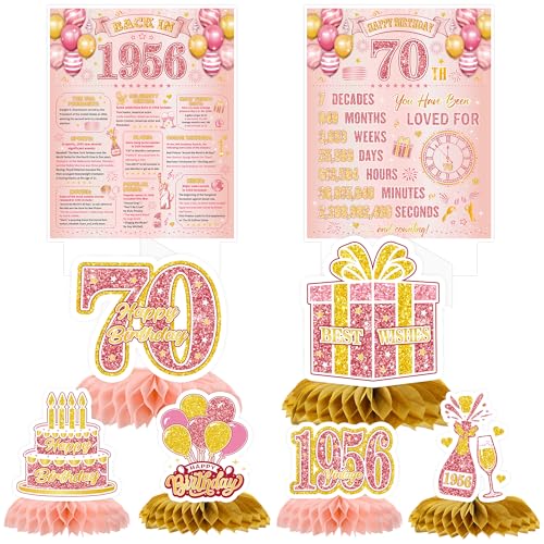 Image of 70th Birthday Decorations for Women, 7 Pcs Pink Rose Gold Back in 1956 Happy 70th Birthday Honeycomb Centerpieces Table Decorations for 70 Year Old Bday Party Favors Supplies