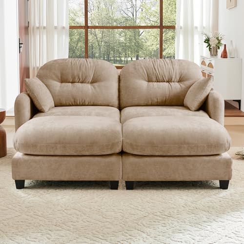 Image of KEIKI 74 inch Oversized Chenille Modular Sectional Loveseat Sofa with 2 Ottoman, High-Density Foam Cushions, Tufted Pleated Cushion Backrest, Modern 2-Seater Couch with 2 Pillow, for Living Room, Camel
