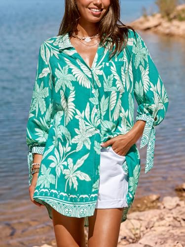 Image of CUPSHE Women Mini Summer Dress Cover Up Oversize Floral Shirt 3 /4 Sleeve Cuff Tie Button Down Beach Dresses Cover Up Top