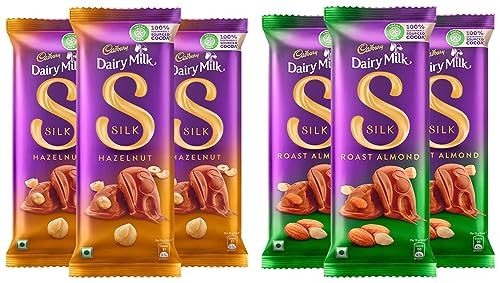 Image of Cadbury Dairy Milk Silk Roasted Almonds Chocolate Bar, 143 Grams (Pack Of 3) & Dairy Milk Silk Hazelnut Chocolate Bar, 143 Grams (Pack Of 3), 348 Grams