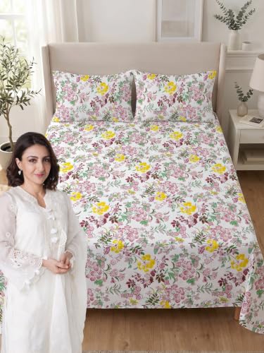 Image of Mafatlal 144 TC Floral Pattern Pure Cotton Double bedsheet, 90x100 Size Bed Sheet Double Bed, Full bedsheet with Pillow Covers, Cotton Bed Cover Set|Dusty Pink