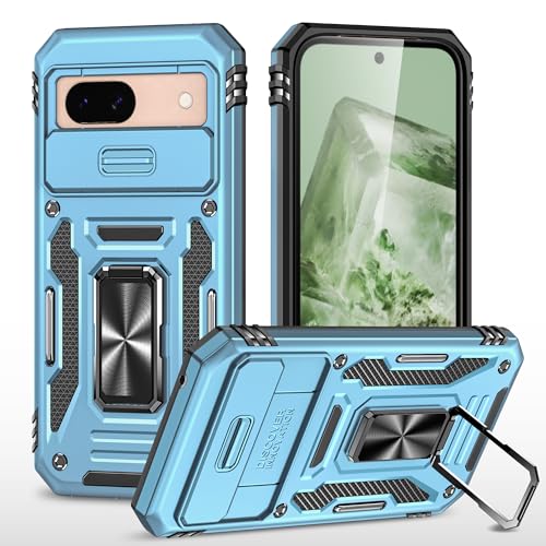 Image of Polycarbonate Slide Camera Cover with Ring Holder Mobile Phone Back Cover for Google Pixel 8A (Blue)