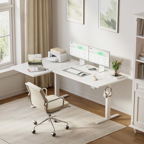 Image of Agilestic 55 Inch Reversible L Shaped Standing Desk, Electric Height Adjustable Desk with Memory Preset, Sit Stand Up Computer Workstation for Home Office, Splice Board, White