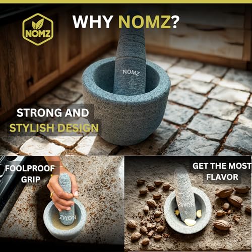 Image of NOMZ Mortar and Pestle Set for Kitchen - Natural Stone Grinder (Khalbatta) with Anti-Scratch Pad & Silicone Spatula - 1.5 Cup, 5.5 Inch Diameter
