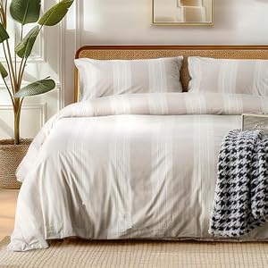 Yarn-Dyed Washed Cotton Duvet Cover King Size, Striped Duvet Cover King for All Seasons (Linen Stripes,108x92 Inches) Linen Stripes King