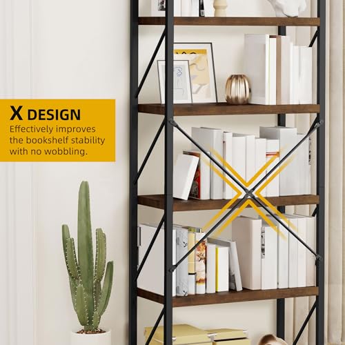 DWVO 5 Tier Bookshelf, Tall Bookcase Shelf Storage Organizer, Modern Book Shelf Storage Rack Shelves for Bedroom, Living Room, Home Office, Rustic Brown