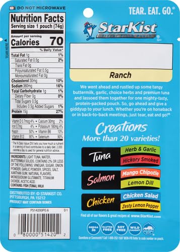 Image of StarKist Tuna Creations Ranch Pouch (2.6 oz - 2 Pack) Wild Caught, High Protein Shelf Stable Seafood, Gluten Free, Soy Free, No Draining, Ready to Eat for Salads and Sandwiches