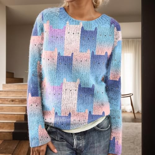 Akivide Women's Fall Winter Cute Cat Graphic Floral Print Sweater Casual Loose Long Sleeve Crewneck Sweatshirt Oversized Tops2