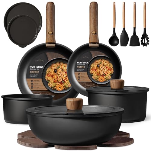 CAROTE 19pcs Pots and Pans Non Stick, Cookware Sets Detachable Handle, Induction Kitchen Pots and Pans,NonStick Cooking Set, Oven/Dishwasher/Fridge Safe, Space Saving