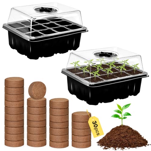 ZeeDix 2 Set Seed Starter Tray Kits with Soil 2 Pack Seed Trays with 30 Pack Coco Coir Pellets Adjustable Humidity Germination Tray with Dome Lids for Indoor Plants Greenhouse for Vegetables Garden