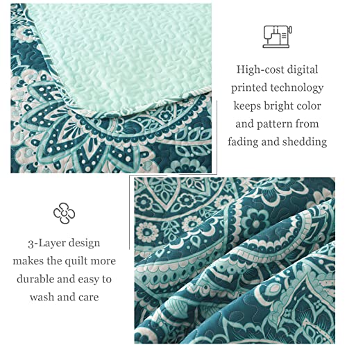Whale Flotilla Reversible Paisley Quilts King Size, Lightweight Boho Printed Bedspreads Coverlets Quilt Bedding Set with 2 Pillow Shams for All Seasons, Turquoise