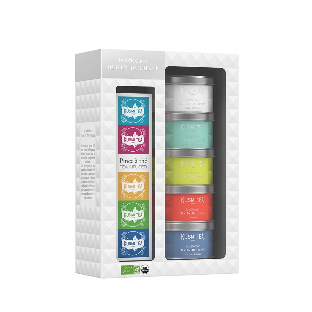 Kusmi Tea - Surtido de Té para Regalo Alain Ducasse y Colador Té - 100% Orgánico - Pack de Regalo para Mujer u Hombre - Hojas Sueltas - 5 Variedades en Latas de 25 g