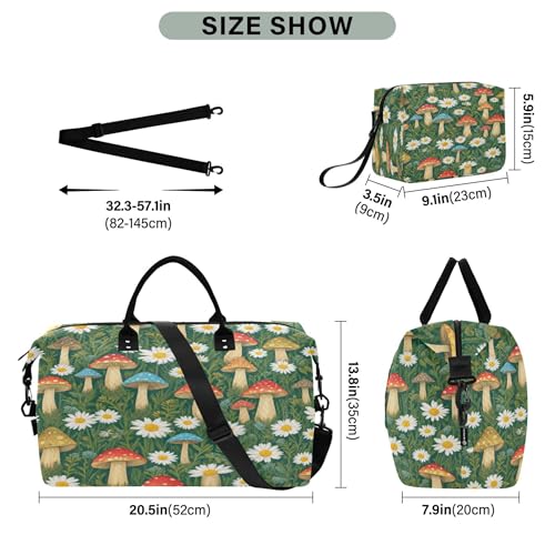 Burbuja Travel Duffel Bag for Women, Mushroom Daisy Weekender Overnight Bag Shoulder Carry On Tote Bag with Trolley Sleeve, Gym Bag with Toiletry Bag3
