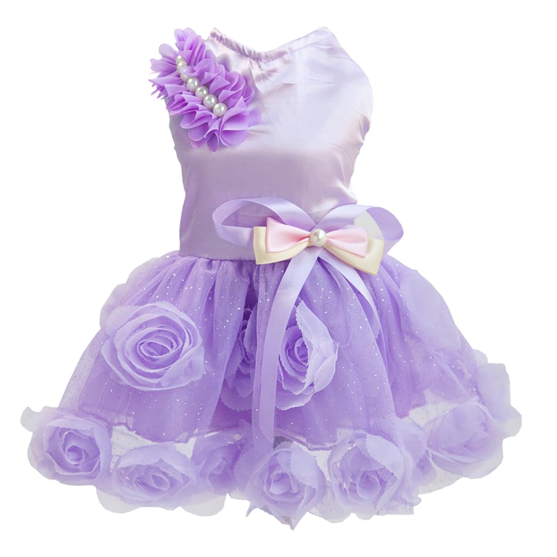 Dog Dress Luxury Puppy Skirt Clothes Princess Dresses Wedding Evening Tutu Skirt Rose Flower Bowknot Dresses for Small Dog Girl M Purple