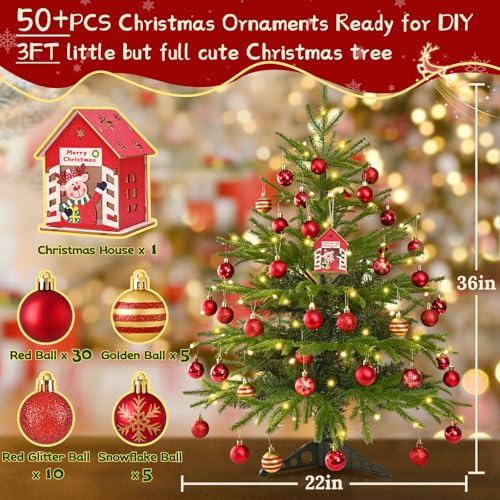 MARTINE MALL 3FT Realistic Norfolk Pine Tree Small Christmas Tree with 50 LED String Light, Full Mini Christmas Tree Artificial Tabletop Xmas Trees with Red Hanging Ball Ornaments for Table Holiday - Image 5