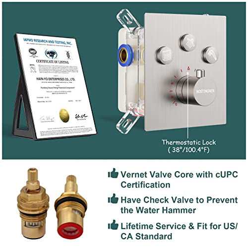 Bostingner Thermostatic Shower System With Body Spray Jets,12 Inch Rain Shower Head Wall Mounted,With All Brass Handheld Combo Set And 6 Shower Jets(Can Use All Functions At A Time), Brushed Nickel #TOP1