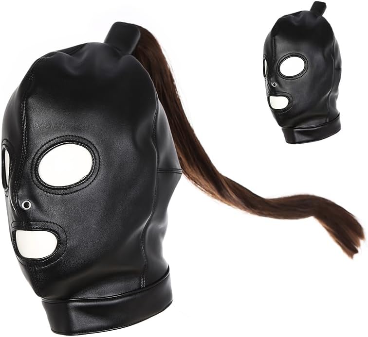 Black Leather Head Hood Mask With Detachable Wig Punk Headgear Full Face Mask for Halloween Christmas Valentine's Day Party Cosplay