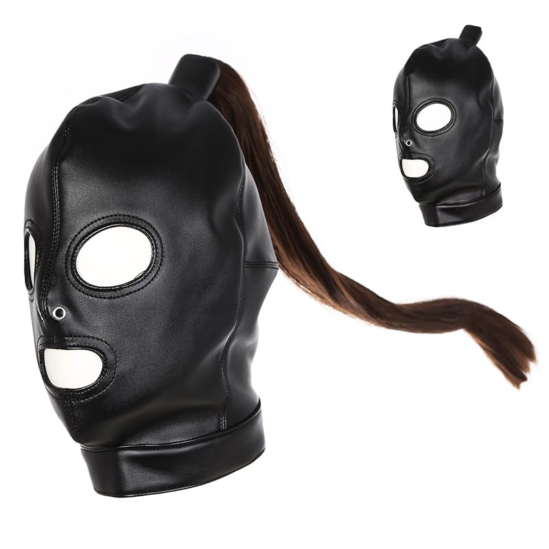 vieaying Black Leather Head Hood Mask With Detachable Wig Punk Headgear Full Face Mask for Halloween Christmas Valentines Day Party Cosplay