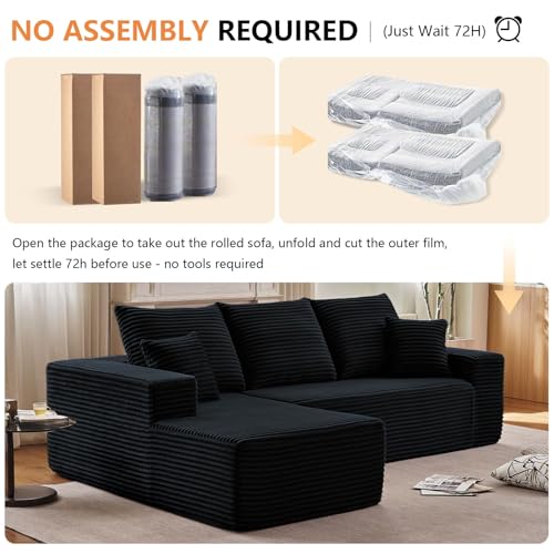 Image of 96 inch Modular Sectional Sofa,Modern Corduroy Cloud Couch,Boneless Couch Upholstered 3-Seater L-Shaped Sofa for Living Room,Couch in a Box No Assembly (Black, Left-Facing Chaise)
