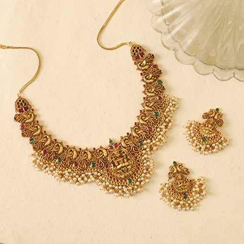 TARINIKA Antique Gold Plated Cira Short Necklace Set with Floral Design - Indian Jewelry Sets for Women | Perfect for Ethnic Occasions | Traditional South Indian Necklace | 1 Year Warranty*3