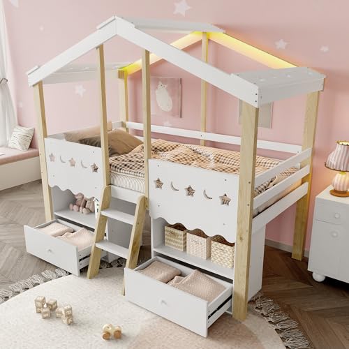 EINHOM Halbhohes Bett 90x200 cm, Kinderbett mit LED-Lichtleiste,...