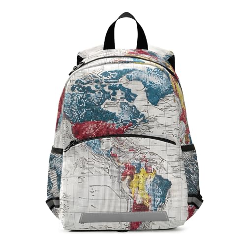 Colored World Map Kids Backpack for Toddler with Harness Leash Chest Buckle, Small Schoolbag for Nursery Kindergarten Girls Boys 10.2×5.9×12.9 inch