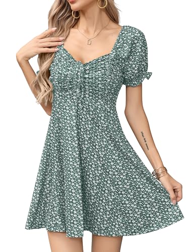 Image of Missufe Women's Puff Short Sleeve Drawstring Ruched Front Fit and Flare Floral Summer Casual Short Dress