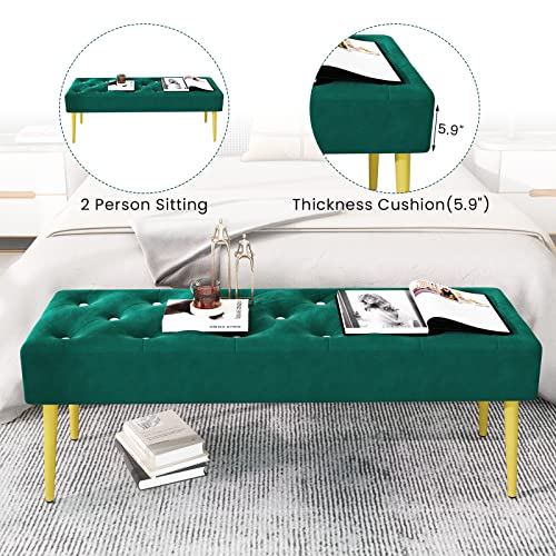 Lamerge Upholstered Entryway Bench Bedroom Benches Modern Velvet Ottoman Bench Padded Soft Dining Kitchen Bench For Living Room Bedroom Hallway, Crystal Button Tufted, Gold Metal Legs, Atrovirens #TOP4