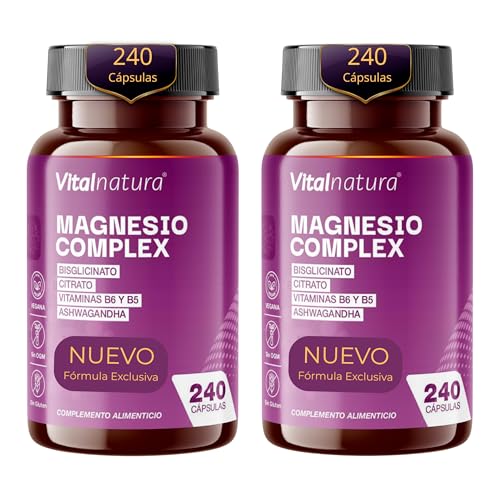 Citrato de Magnesio 1593 mg + Bisglicinato de Magnesio 600 mg + Vitaminas B5, B6 y Ashwagandha Pura | Energía, Reduce Estrés y Cortisol, Músculos Fuertes | 2x 240 Cápsulas I Pack Dúo