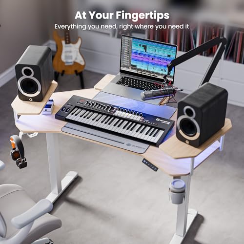 Image of EUREKA ERGONOMIC Aero 55 Inch W Shaped Electric Standing Desk, Height Adjustable Computer Gaming Desk with LED Monitor Shelf, Mouse Pad, Headphone Hook, Cup Holder, Natural Maple