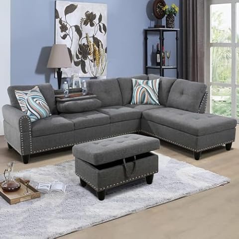 UBGO Sectional Couches for Living Room,L Shape Modular Sofa Set with Storage Ottoman & Chaise, Comfy Corner Sofa Couch with Cup Holder,Living Room Furniture Couch Sets-Gray Cover