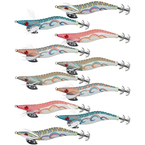 Squid Jig Fishing Squid Lures, 5/10PCS Luminous Hard Shrimp Lure Bait Artificial Baits Kit Bionic Plastic 3D Eyes Fake Prawn Glow Bait Octopus Cuttlefish Fish Hooks