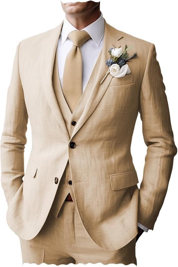 Men's Suits Regular Fit Summer 3 Piece Beach Linen Tuxedos Jacket+Vest+Pants Wedding Groomsman4