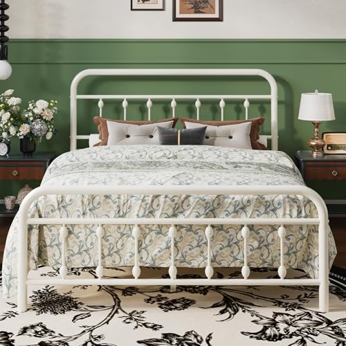 SHA CERLIN Full Size Metal Platform Bed Frame with Victorian Style Iron-Art Headboard and Footboard Easy Assembly Under Bed Storage No Box Spring Required Off White
