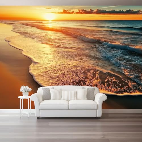 Papel tapiz fotográfico 350 x 256 cm Revestimiento de paredes decoración de salón Diseño Playa Natural Y Tranquila para dormitorio, sala de estar, papel tapiz no tejido, decoración de pared, Oro