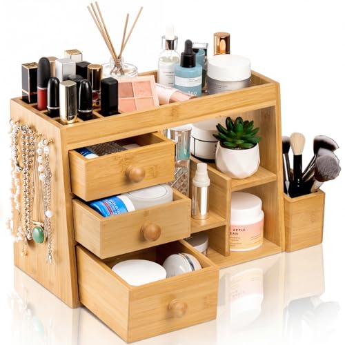 Elsjoy Large Bamboo Makeup Organizer