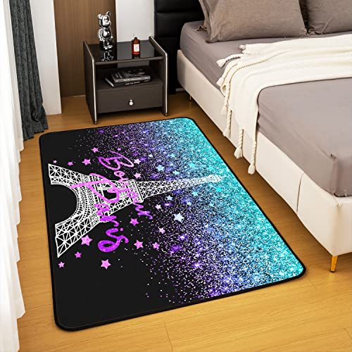 Loussiesd Eiffel Tower Area Rug 100x150cm Glitter Blue Purple Paris Living Room Rugs for Bedroom Home Decor Paris Decor Carpet Ultra Soft Non-Slip Indoor Floor Mat - Image 4