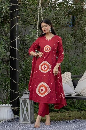Image of Pistaa's Women's Pure Cotton Bandhani Print Kurta Set with Dupatta