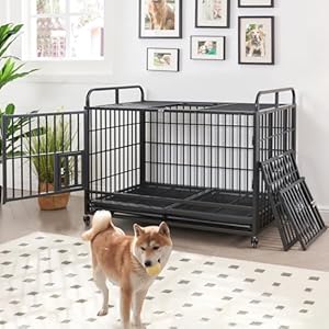 Lauren&Harold 48 Inch Heavy Duty Dog Crate Furniture for Medium/Large Dogs, Metal Dog Kennel Indoor with Top Door&Feed Door, XL Dog Cage with Removable Tray&Wheels, Large Dog crates Pet House LaurenHarold 48 Inch Heavy Duty Dog Crate Furniture for MediumLarge Dogs Metal Dog Kennel Indoor with Top DoorFeed Door XL Dog Cage with Removable TrayWheels Large Dog crates Pet House