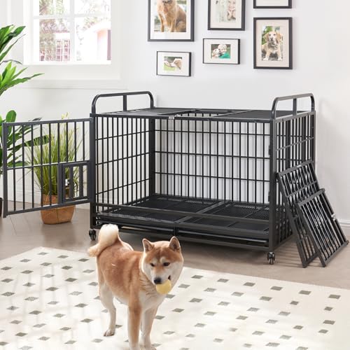 LaurenHarold-48-Inch-Heavy-Duty-Dog-Crate-Furniture-for-MediumLarge-Dogs-Metal-Dog-Kennel-Indoor-with-Top-DoorFeed-Door-XL-Dog-Cage-with-Removable-TrayWheels-Large-Dog-crates-Pet-House LaurenHarold 48 Inch Heavy Duty Dog Crate Furniture for MediumLarge Dogs Metal Dog Kennel Indoor with Top DoorFeed Door XL Dog Cage with Removable TrayWheels Large Dog crates Pet House