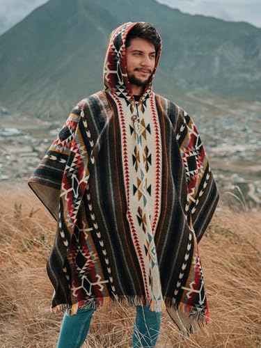 Image of Alpaca Mens Poncho with Hood - Cowboy Serape Western Poncho - Clint Eastwood Poncho for Men - Ecuadorian Cloak with Hood Men