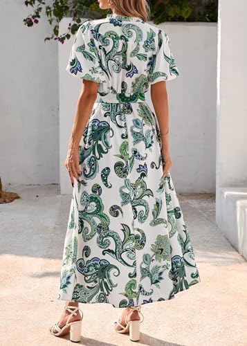 Image of KIRUNDO Women Spring Summer Wedding Guest Boho Floral Maxi Dress Puff Sleeve Button Shirt V Neck Flowy Beach Vacation Dress