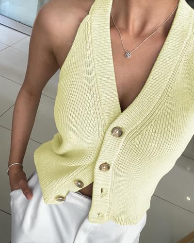 Image of Womens Button-Front Sweater Vest Top V Neck Sleeveless Knit Tank Fitted Halter Raceback Cardigan Vest