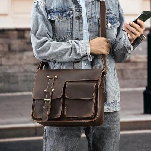 Nordic Men's Genuine Leather Messenger Bag Cowhide Messenger Bag Men's Single Shoulder Multifunctional Briefcase for Office Commute(white-Patch five-pointed star4)2