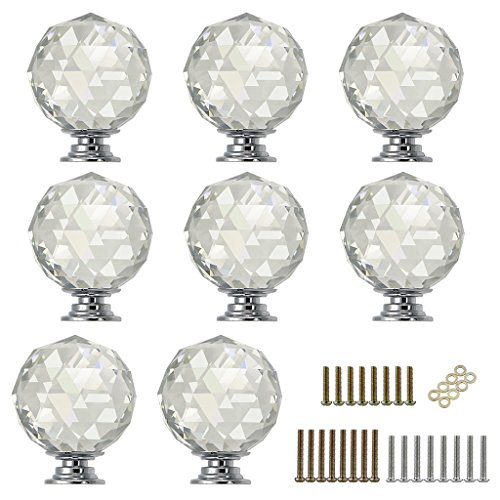 Sumnacon 8 Pcs 1.6 Inch Clear Crystal Glass Door Knobs, Round Diamond Wardrobe Doorknob/Crystal Drawer Knobs/Cabinet Cupboard Pull Knobs/Door Pull Handle with Screws with 3 Kinds Screws