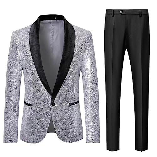 Costume pour dîner de fête veste à paillettes noire revers châle et pantalon homme Kromoc