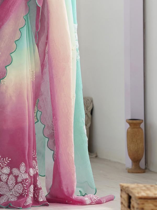 Image of Women's Orange-Yellow Ombre Saree with Floral Embroidery | Lightweight & Festive Saree | Elegant Ethnic Wear for Women